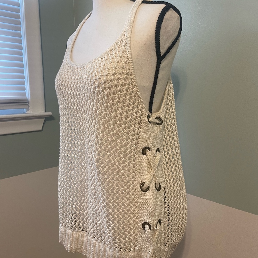 Guess Cream Knit Tank Top with Lace-Up Sides